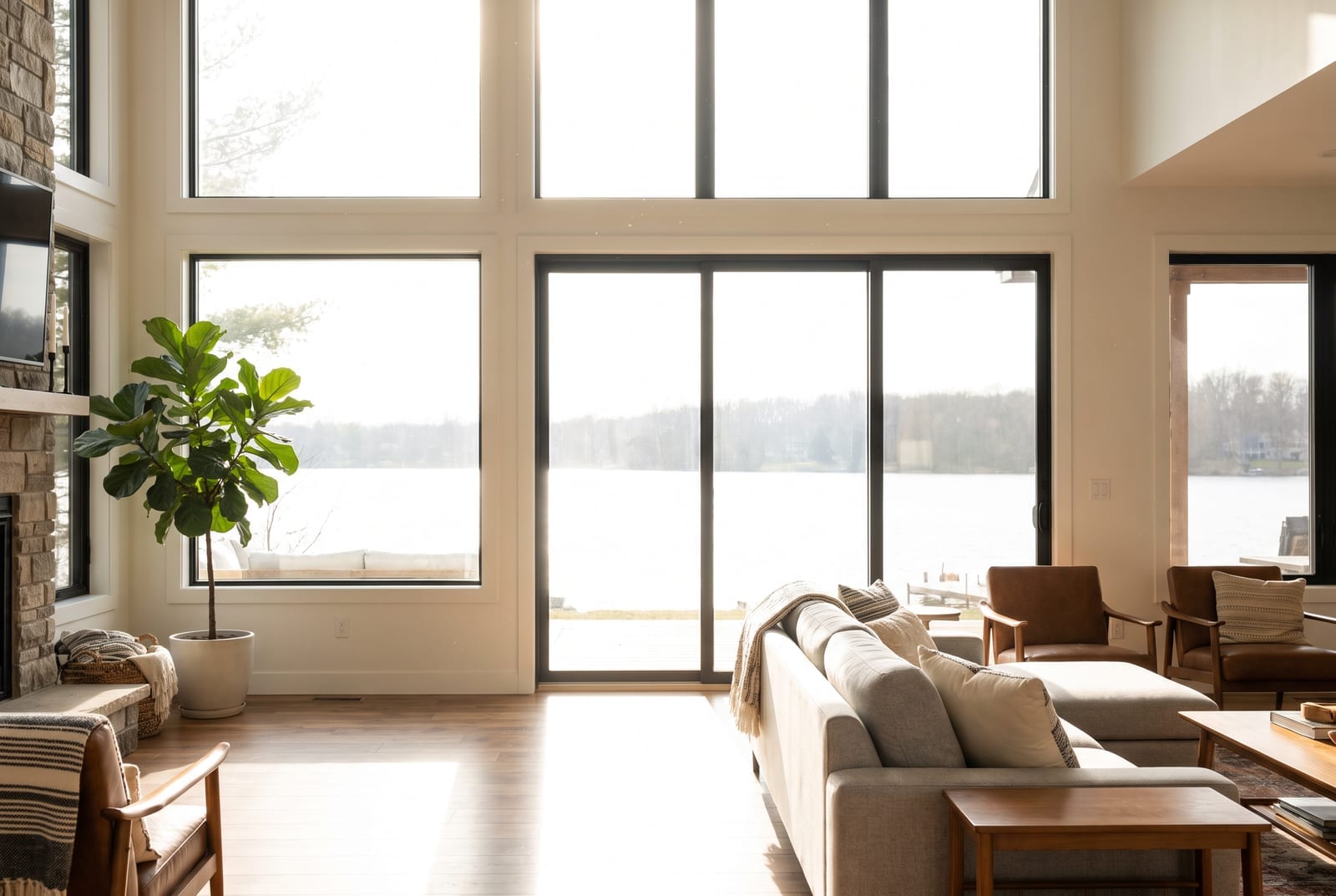 Lake house living room with bare windows: harsh glare and a washed-out view