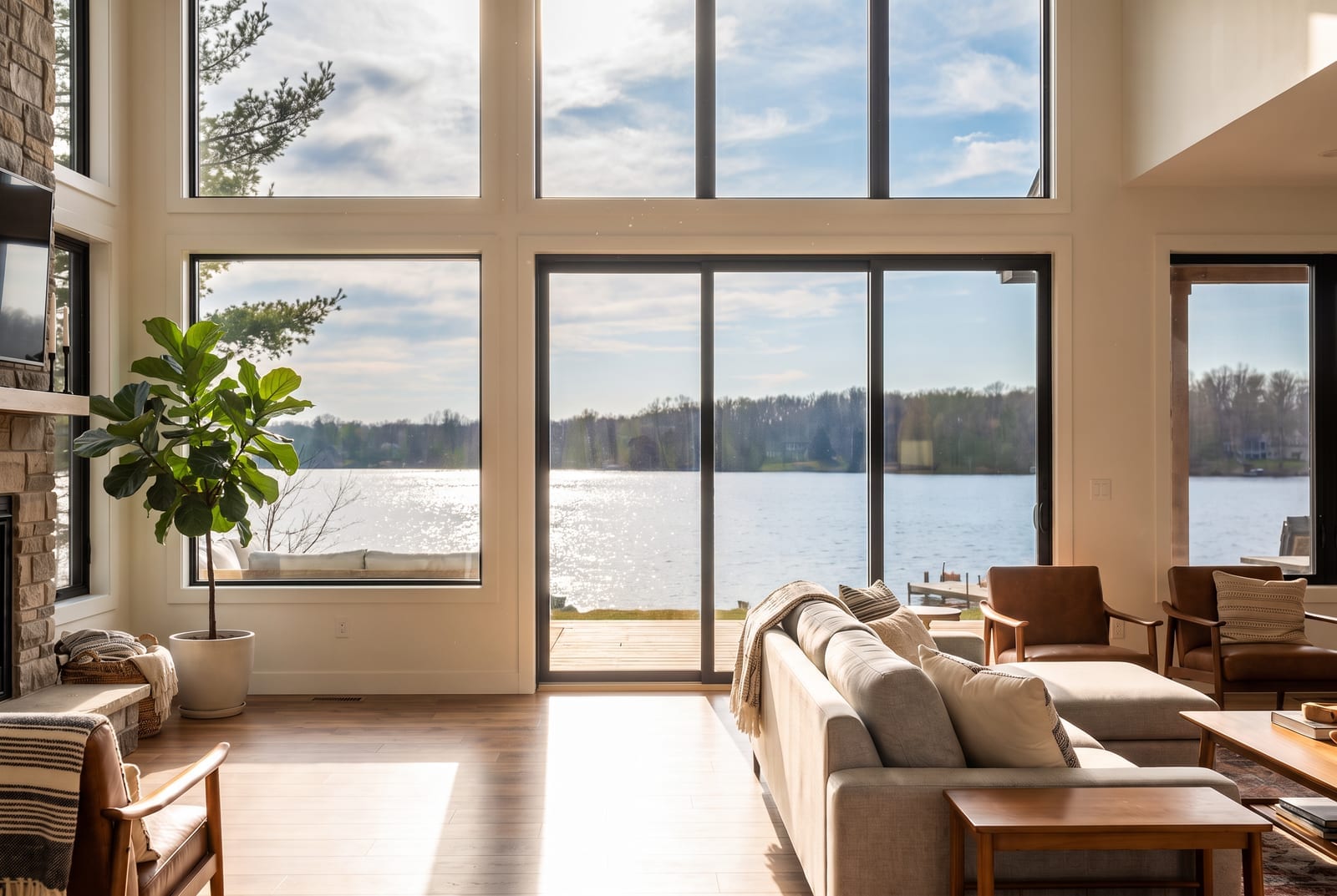 The same living room with ceramic window film: clear view, no glare