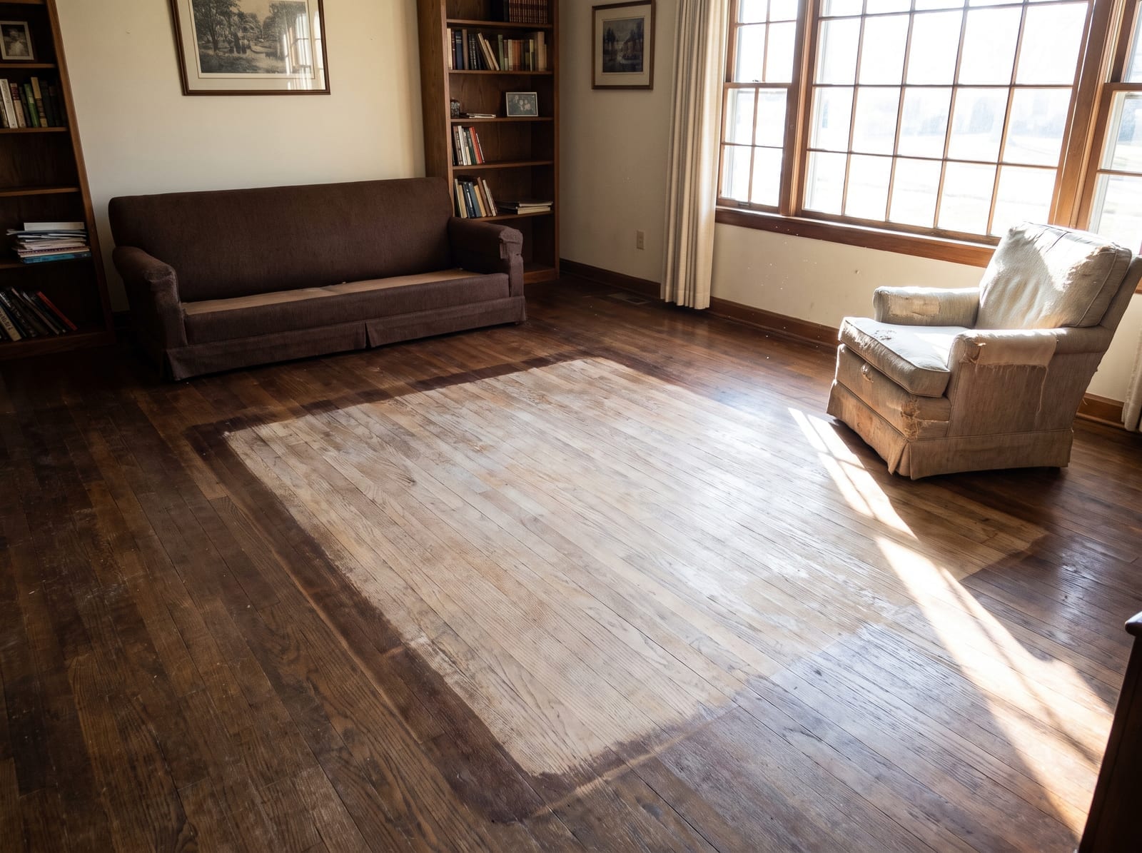 Hardwood floor bleached pale where years of sunlight fell, beside an armchair faded on its window side